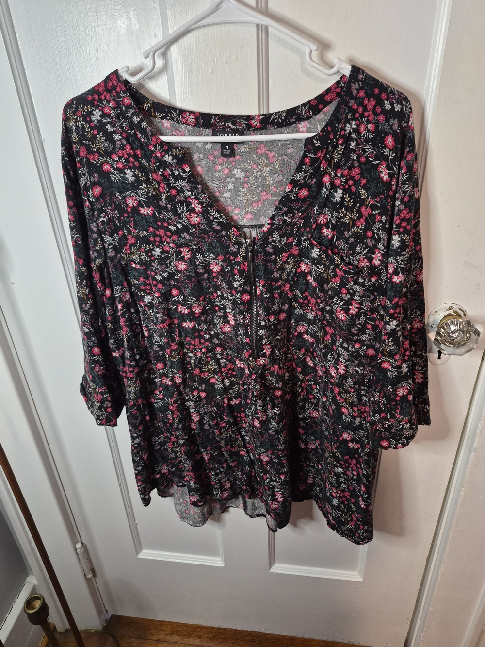 Torrid Black Floral Zip-Front Blouse with Pink Accents